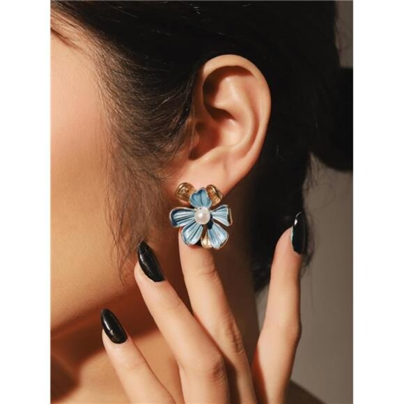 Dainty Floral Stud Earrings | Elegant Flower Pendant Studs - Picture 4 of 6